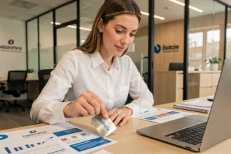 Femme professionnelle grattant une carte à gratter personnalisée aux couleurs d'une entreprise dans un bureau moderne