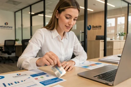 Femme professionnelle grattant une carte à gratter personnalisée aux couleurs d'une entreprise dans un bureau moderne