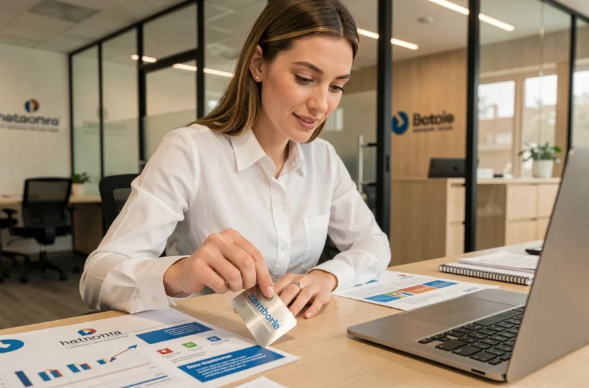 Femme professionnelle grattant une carte à gratter personnalisée aux couleurs d'une entreprise dans un bureau moderne