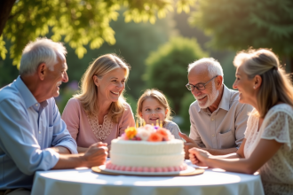 Trois générations de famille célébrant un anniversaire de mariage