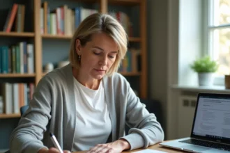 Femme consultant des documents administratifs pour un changement de caisse d'allocations familiales à domicile