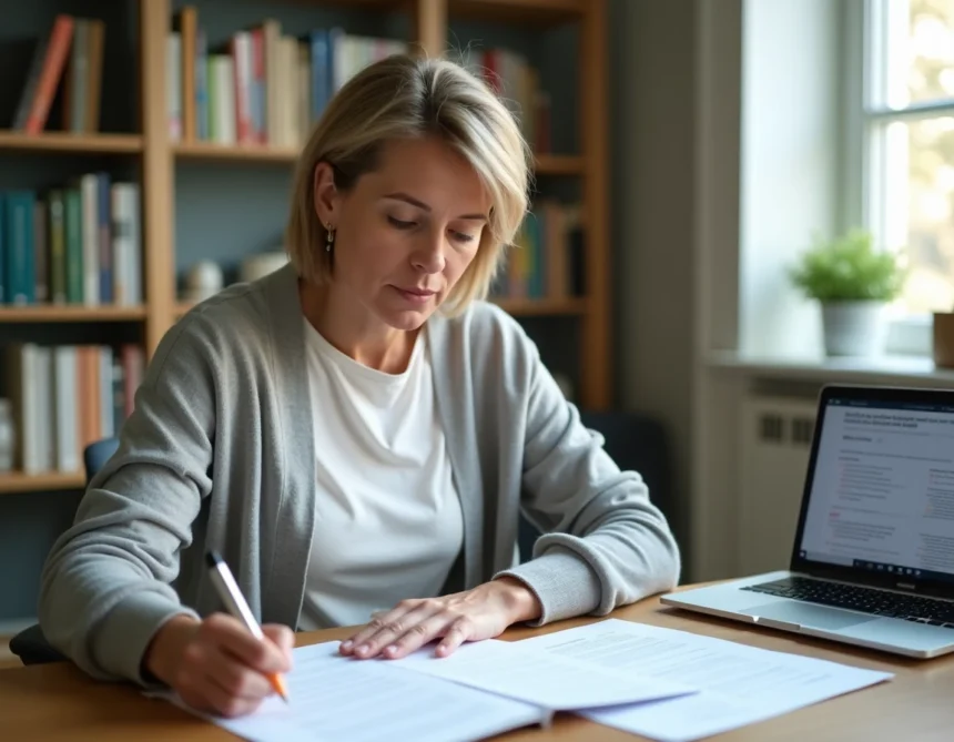 Femme consultant des documents administratifs pour un changement de caisse d'allocations familiales à domicile