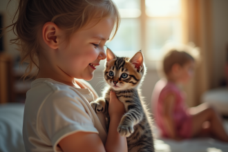 Chaton British Shorthair tenu par un enfant souriant dans un salon lumineux