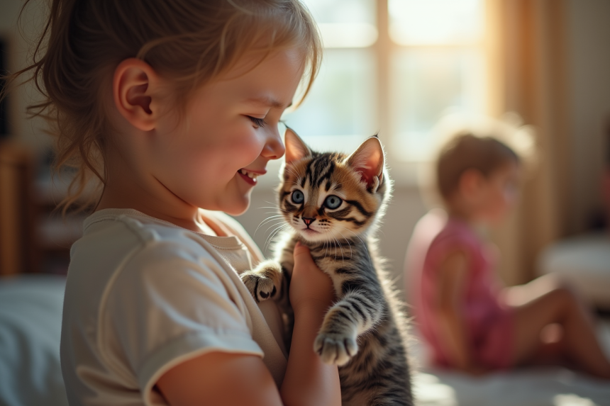 Chaton British Shorthair tenu par un enfant souriant dans un salon lumineux