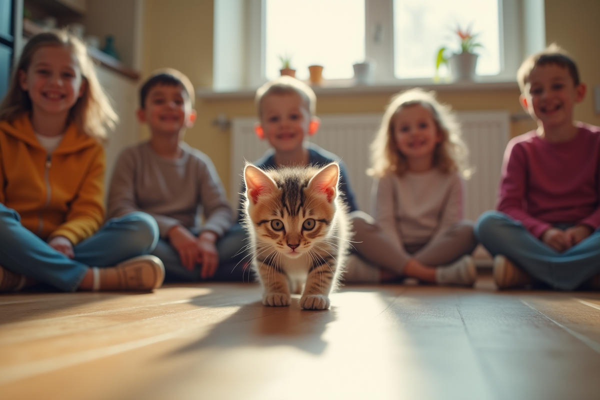 Chaton British Shorthair explorant la cuisine entouré d
