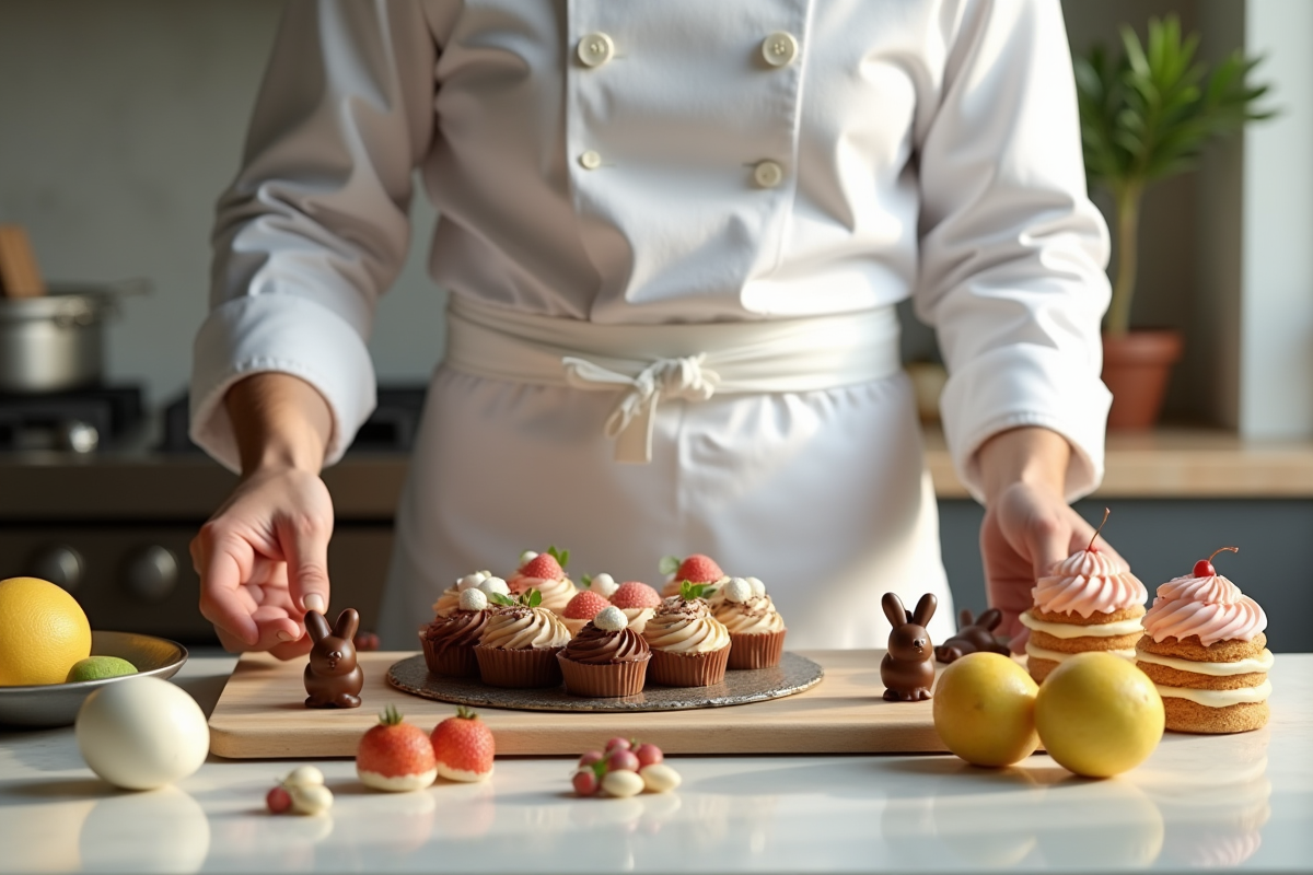 Chef préparant desserts de Pâques avec moules en chocolat et fruits frais