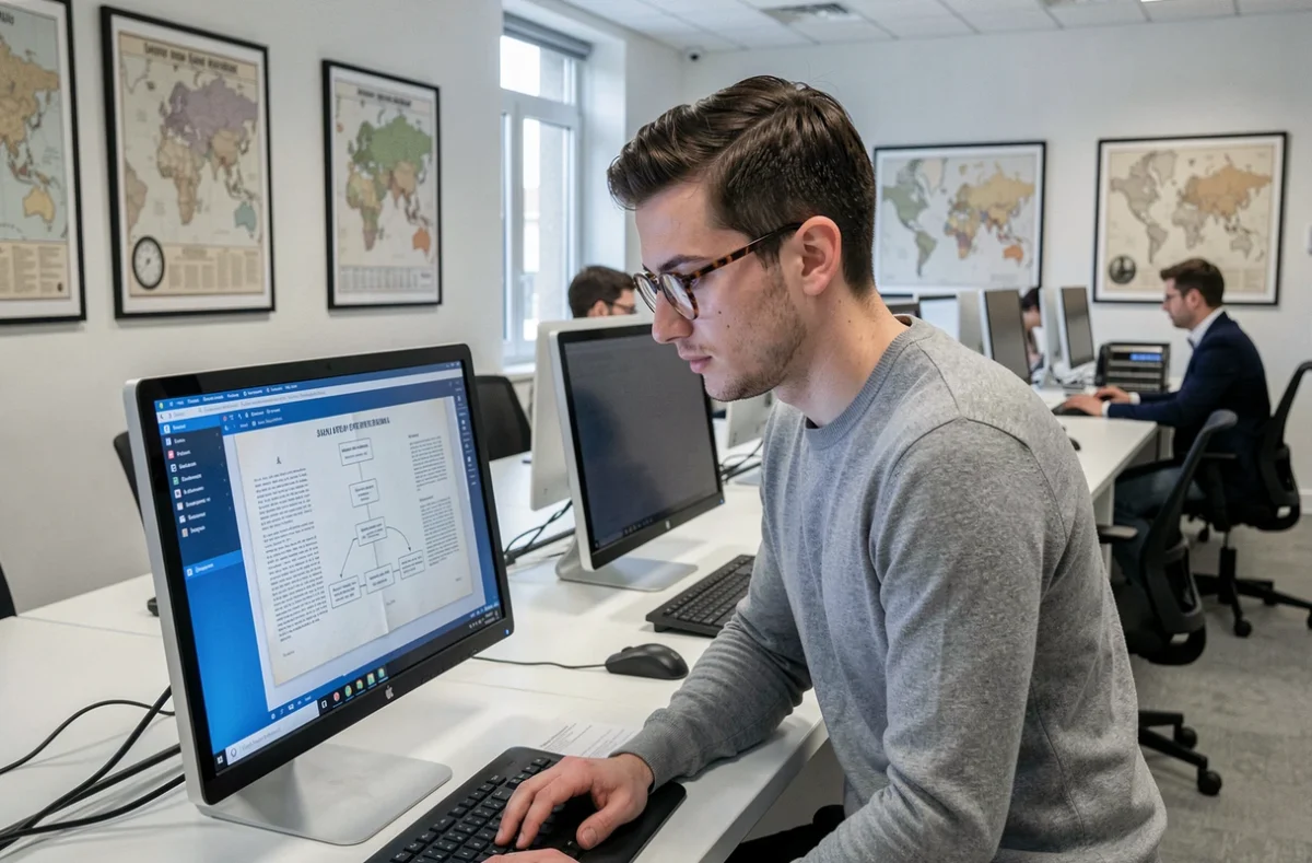Chercheur consultant des documents historiques numérisés sur ordinateur dans un centre d'archives moderne