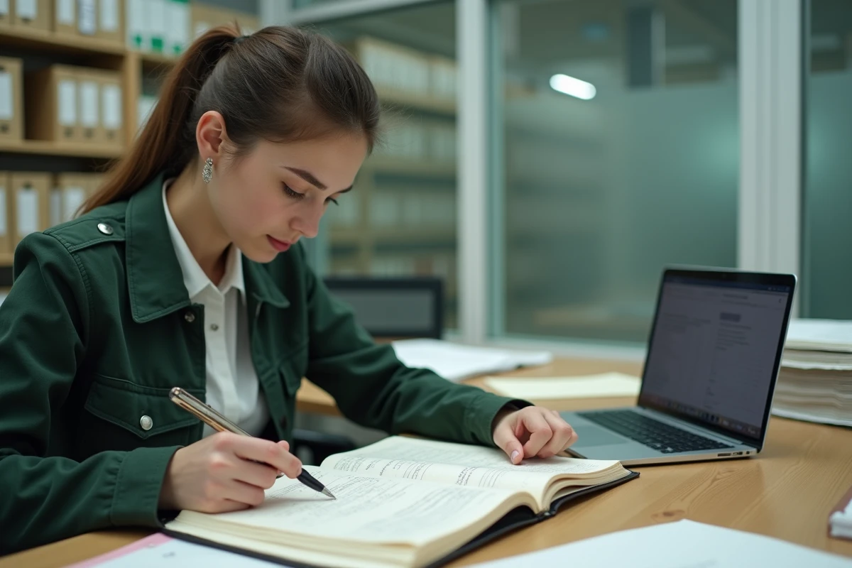 Chercheuse consultant un registre d'état civil dans une salle d'archives publiques pour retracer des origines familiales
