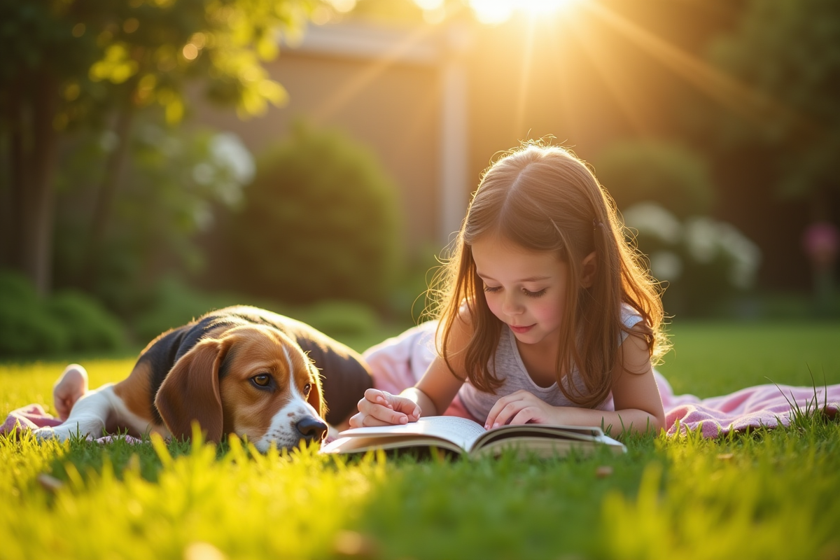 Beagle lemon reposant dans le jardin avec une fille lisant