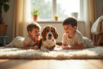Beagle lemon jouant avec des enfants dans un salon lumineux