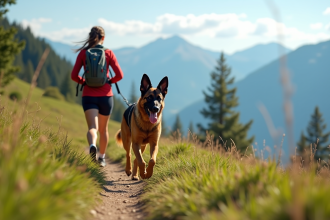 Chien belge shepherd courant avec une jeune femme en randonnée