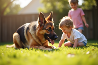 Chien berger allemand jouant avec deux enfants dans le jardin ensoleille