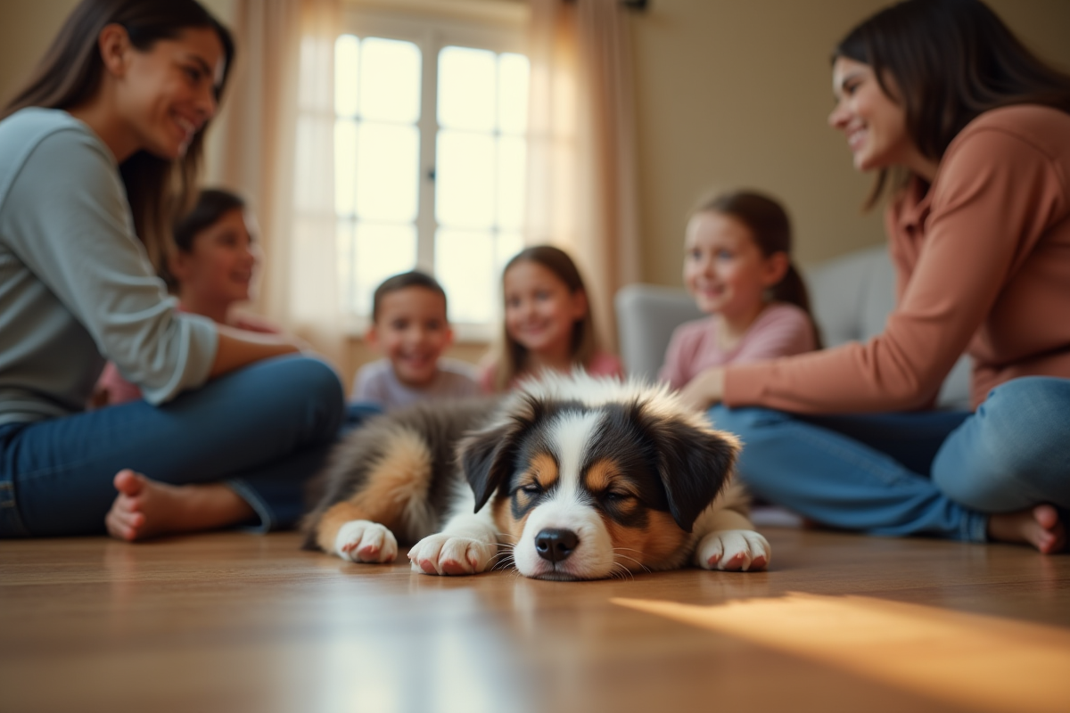 Chiot Australian Shepherd dormant sur le sol en famille