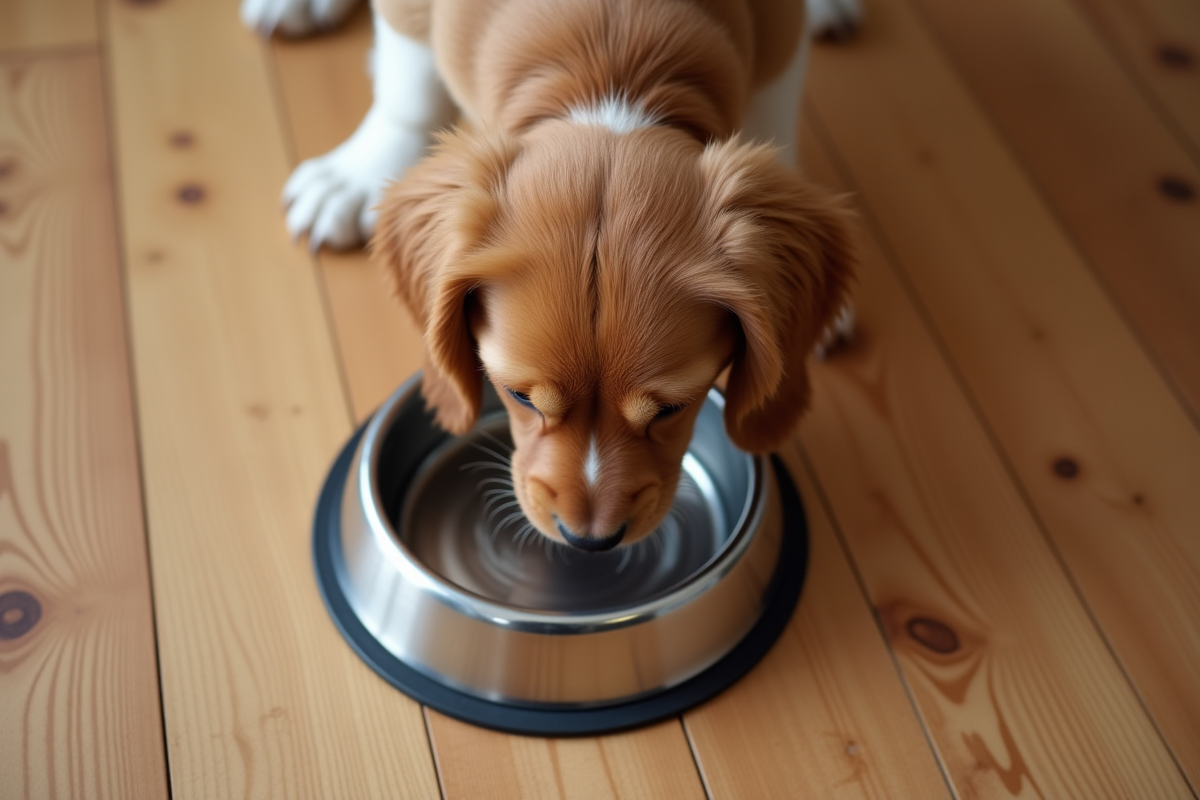 Chiot cocker spaniel buvant dans un bol en acier inoxydable