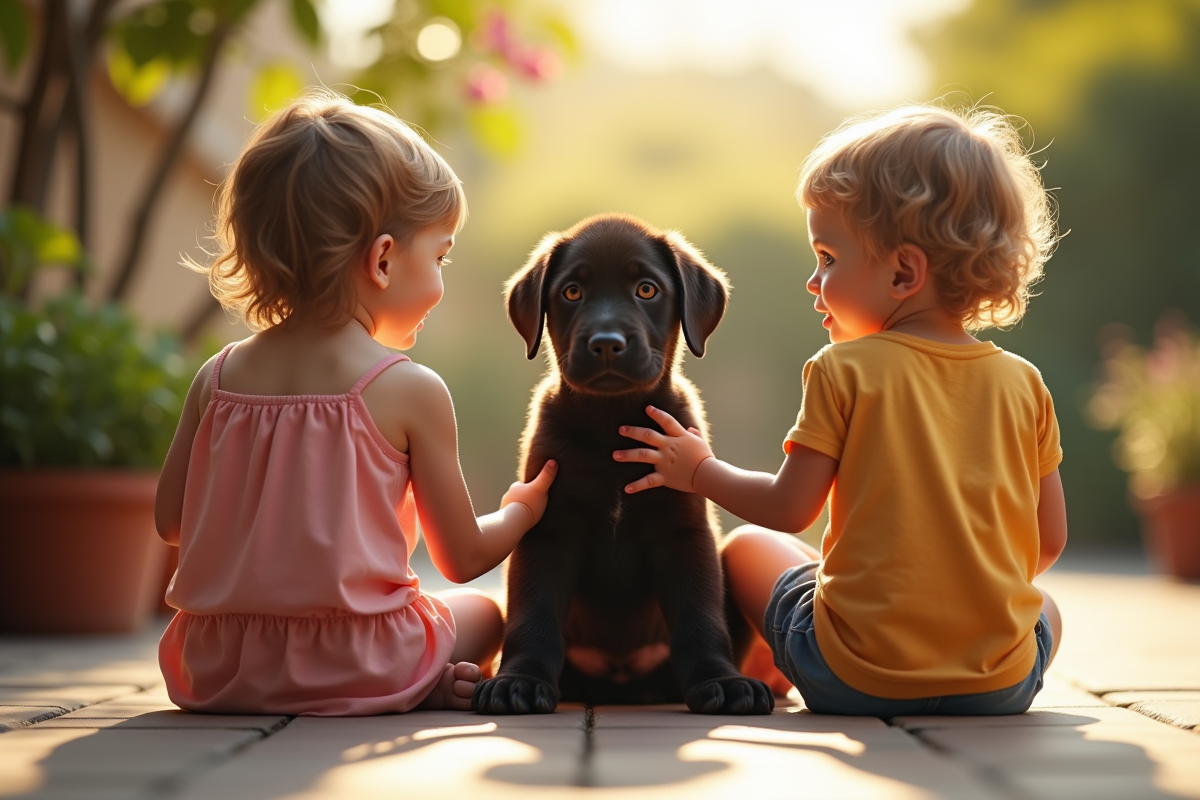 Chiot cane corso assis entre deux enfants sur un patio ensoleille