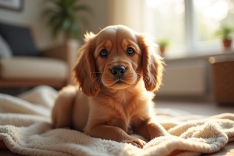 Chiot cocker spaniel assis sur une couverture lumineuse