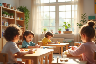 Classe Montessori avec enfants travaillant seuls à des tables en bois