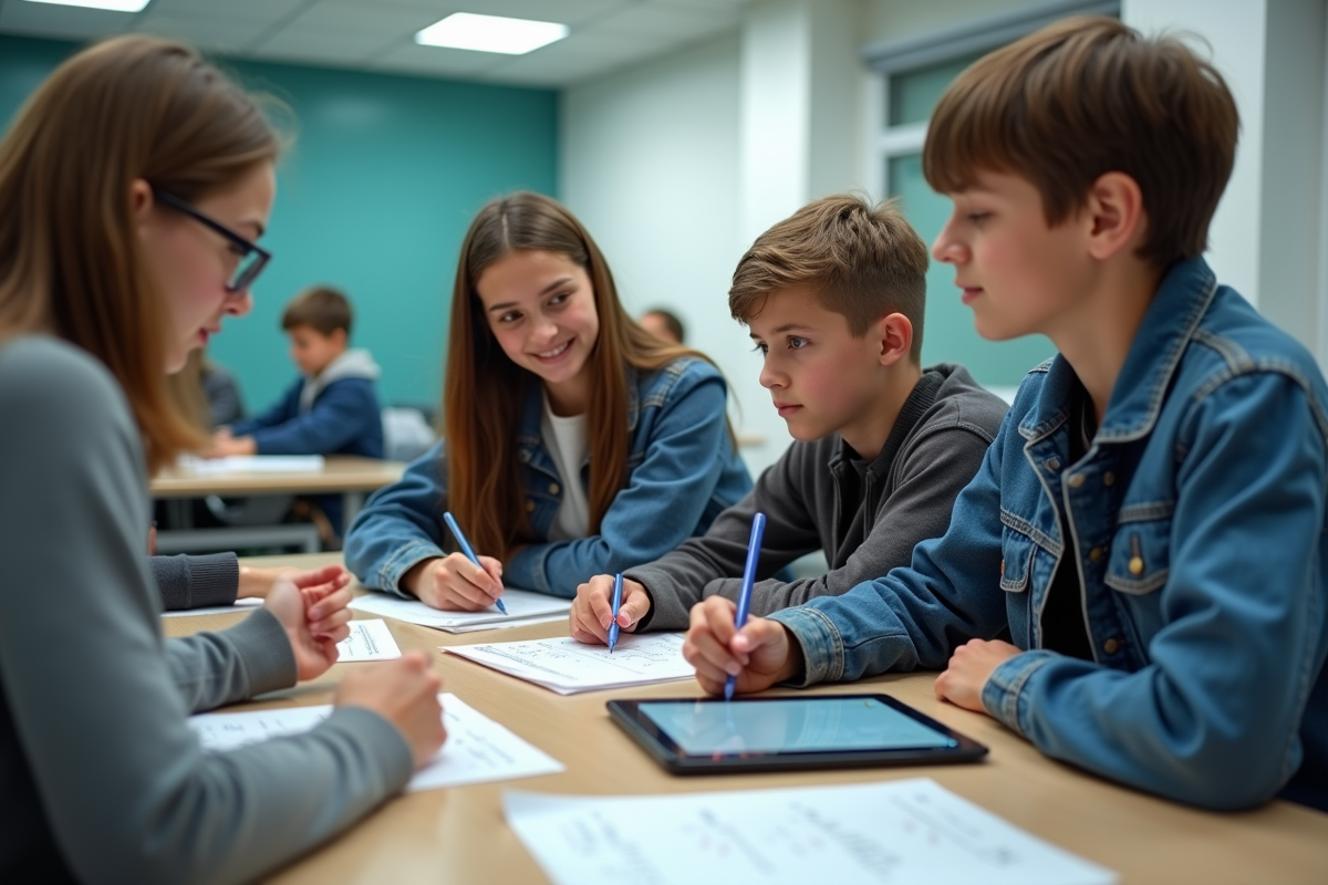 Lyceens collaborant en classe avec tablettes et formules mathématiques
