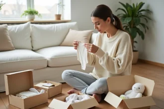 Jeune femme enceinte examinant plusieurs coffrets cadeaux naissance gratuits posés sur le sol de son salon