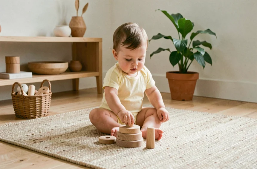 Bébé de 10 mois explorant des anneaux empilables en bois Montessori sur un tapis en laine naturelle dans un coin d'éveil minimaliste à la maison