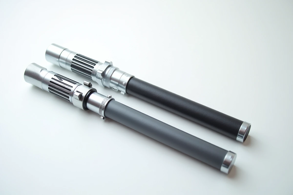 Comparaison côte à côte de deux sabres laser jouets de qualité différente pour identifier les produits bas de gamme