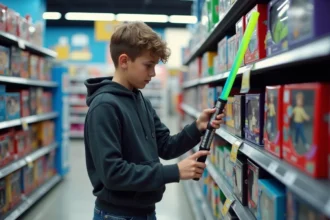Adolescent comparant deux sabres laser jouets dans un rayon de magasin de jouets pour éviter les produits bas de gamme