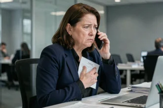Femme en deuil au bureau tenant un avis de décès tout en parlant au téléphone avec son employeur pour demander un congé d'obsèques