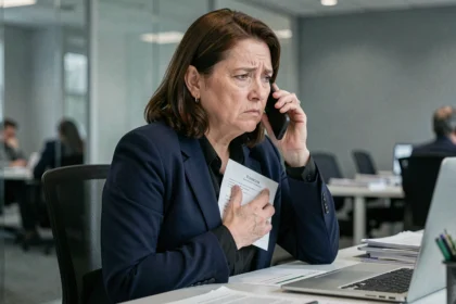 Femme en deuil au bureau tenant un avis de décès tout en parlant au téléphone avec son employeur pour demander un congé d'obsèques