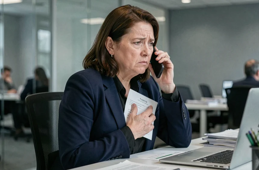 Femme en deuil au bureau tenant un avis de décès tout en parlant au téléphone avec son employeur pour demander un congé d'obsèques