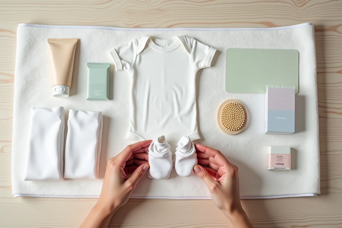 Vue de dessus des contenus de plusieurs coffrets naissance gratuits soigneusement organisés sur un tapis à langer blanc