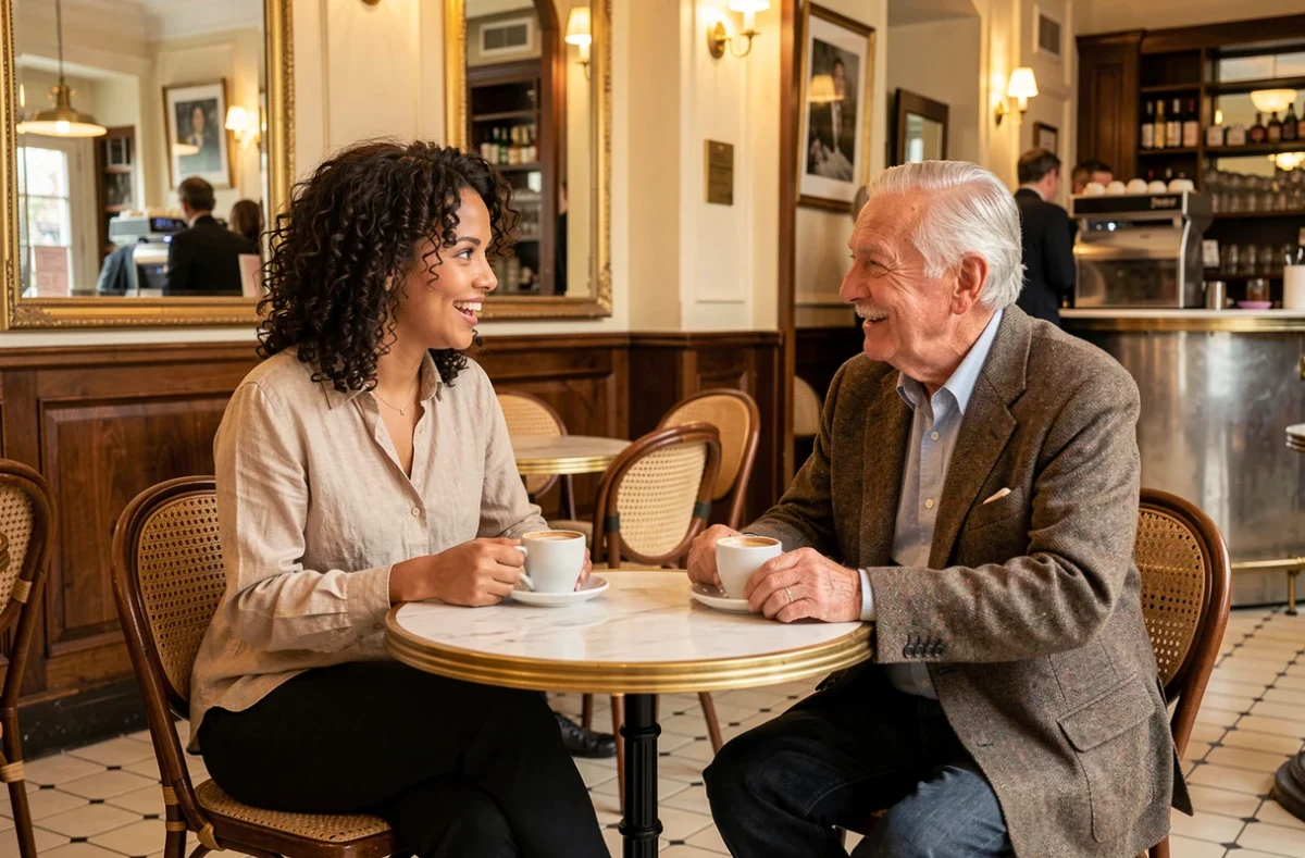Conversation entre une femme et un homme plus âgé dans une brasserie parisienne traditionnelle