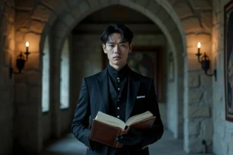 Cosplayer en costume de majordome tenant un livre généalogique dans un couloir de manoir, évoquant la famille Zoldyk de Hunter x Hunter