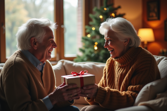 Couple agee souriant échangeant des cadeaux dans un salon chaleureux