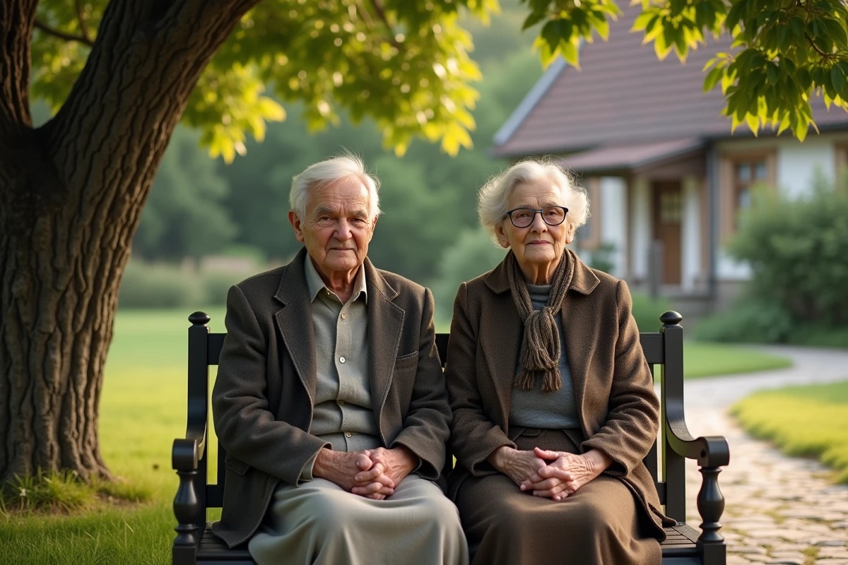 Couple âgé assis dans un jardin paisible avec maison ancienne