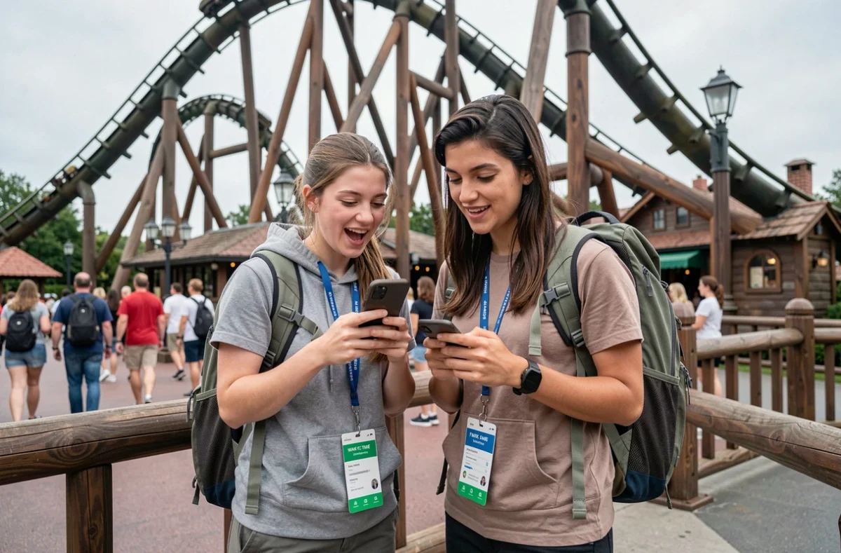Couple consultant l'application mobile de PortAventura pour optimiser le temps d'attente aux attractions