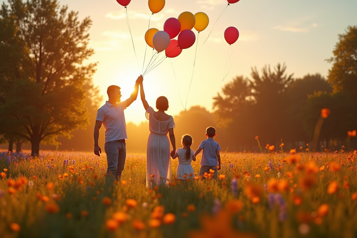 Couple dans un jardin en fleurs libérant des ballons colorés