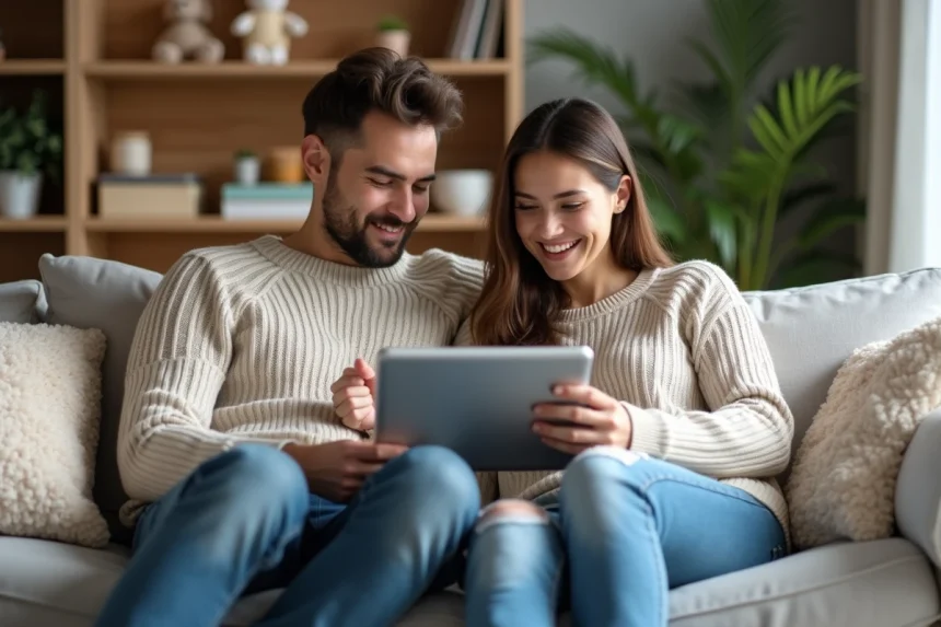 Jeune couple sur canapé discutant d'un blog parental