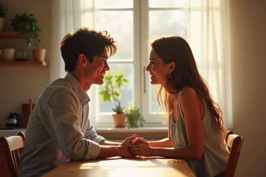 Jeune couple discutant à la cuisine le matin
