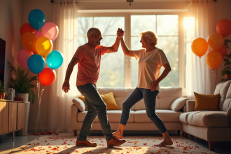 Couple mature dansant et riant dans le salon avec ballons