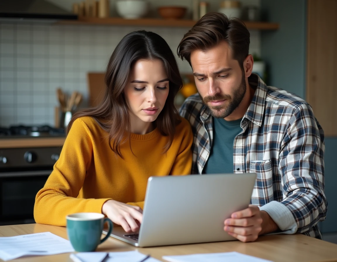 Couple effectuant une démarche de changement de caisse d'allocations familiales en ligne sur ordinateur