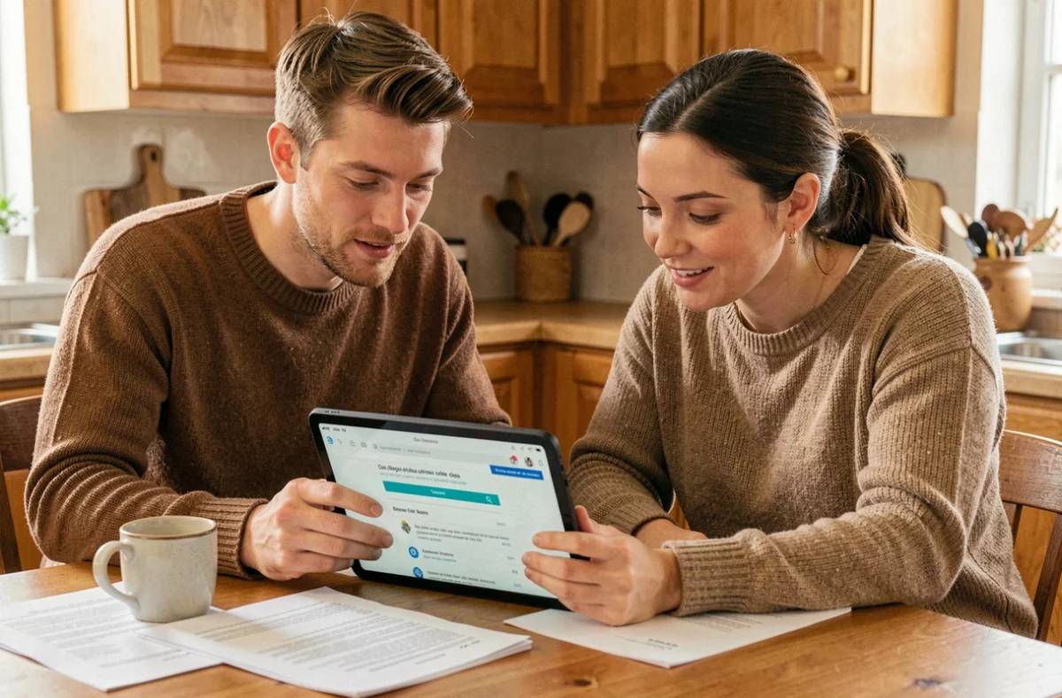 Couple consultant ensemble un portail de démarches administratives en ligne sur une tablette à la maison, avec des documents papier de la CAF et Pôle emploi