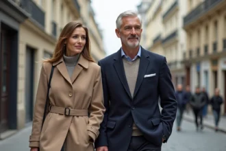 Couple élégant se promenant discrètement dans une rue parisienne haussmannienne, illustrant la vie privée d'un couple médiatique