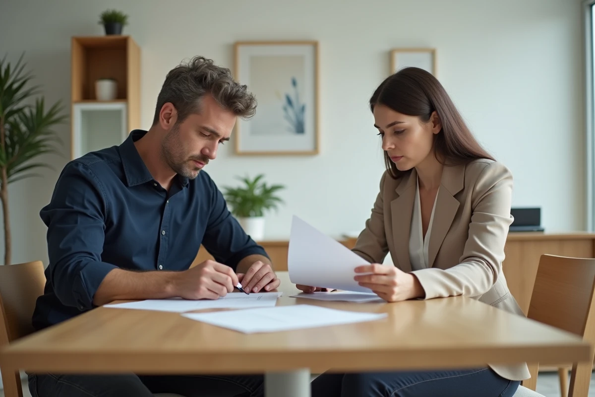 Couple en instance de divorce consultant des documents juridiques dans un cabinet de notaire en France