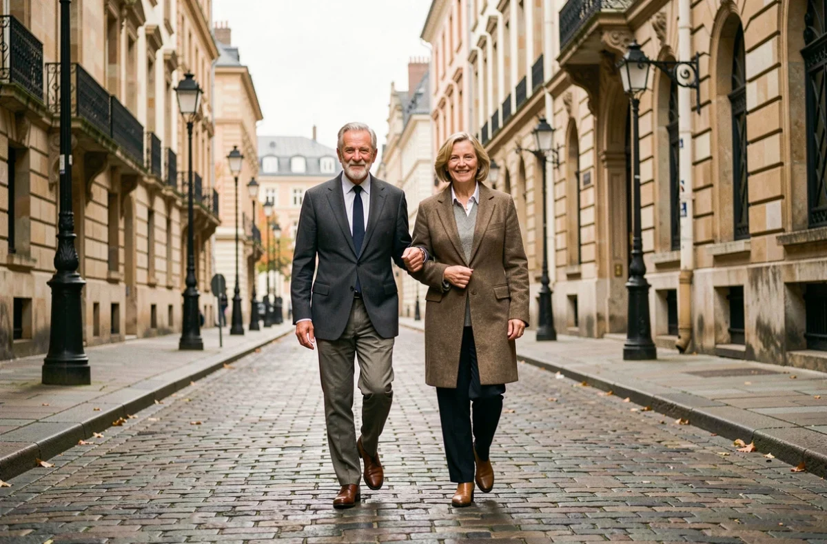 Couple élégant se promenant sur un pavé historique dans une capitale européenne