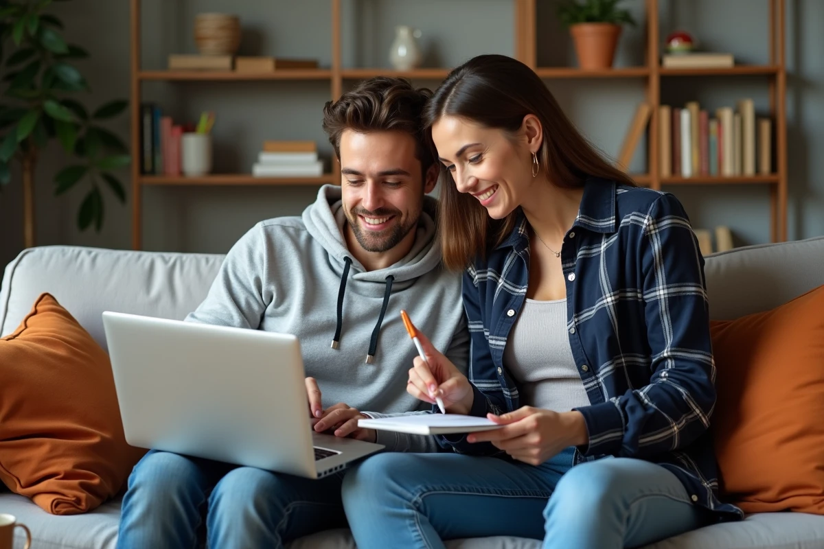 Couple consultant un site de family deals sur ordinateur portable dans un salon cosy pour planifier leurs économies en 2026