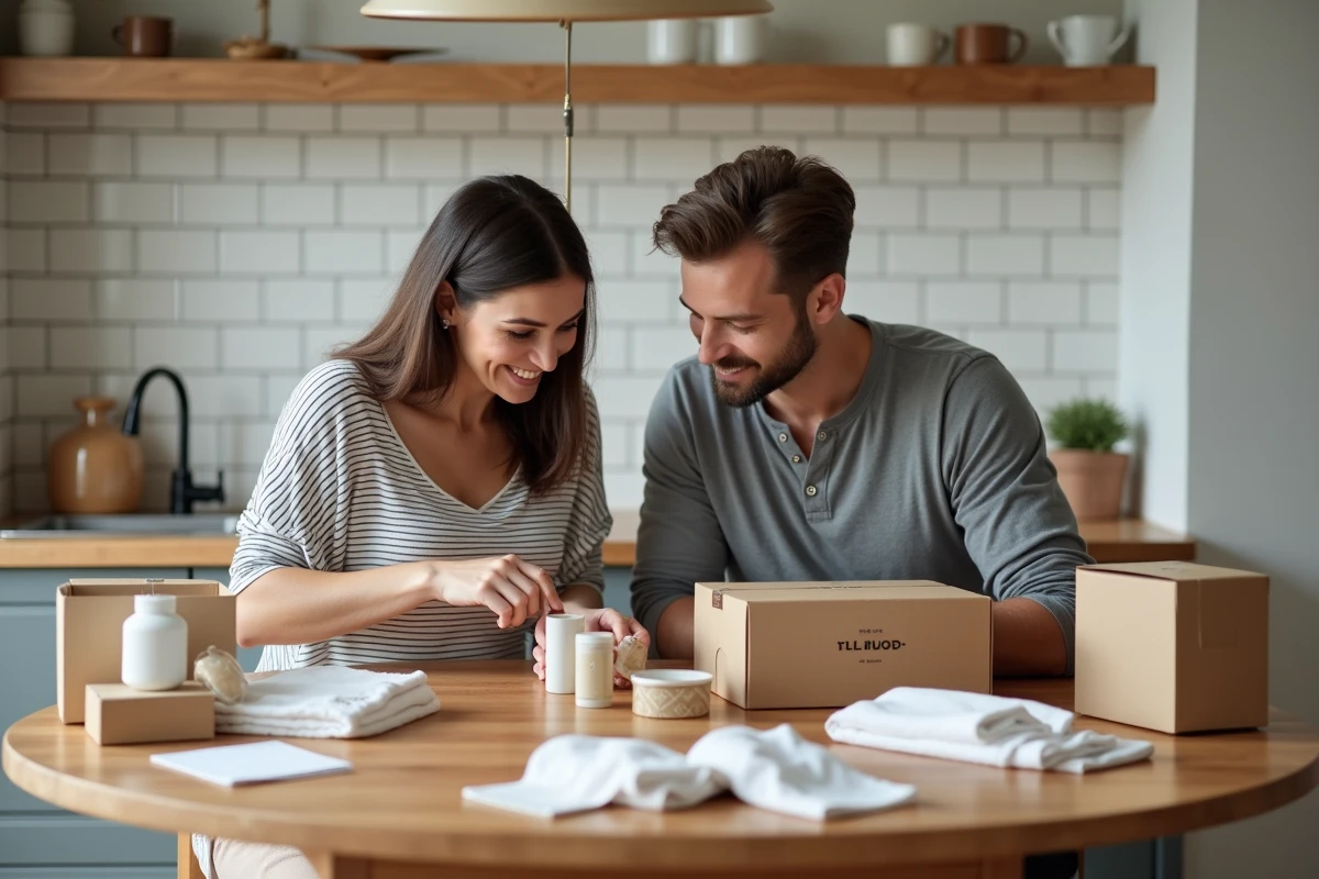 Couple de futurs parents comparant le contenu de plusieurs coffrets naissance gratuits sur leur table de cuisine