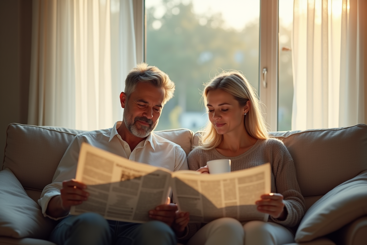 Couple lisant le journal avec café dans le salon