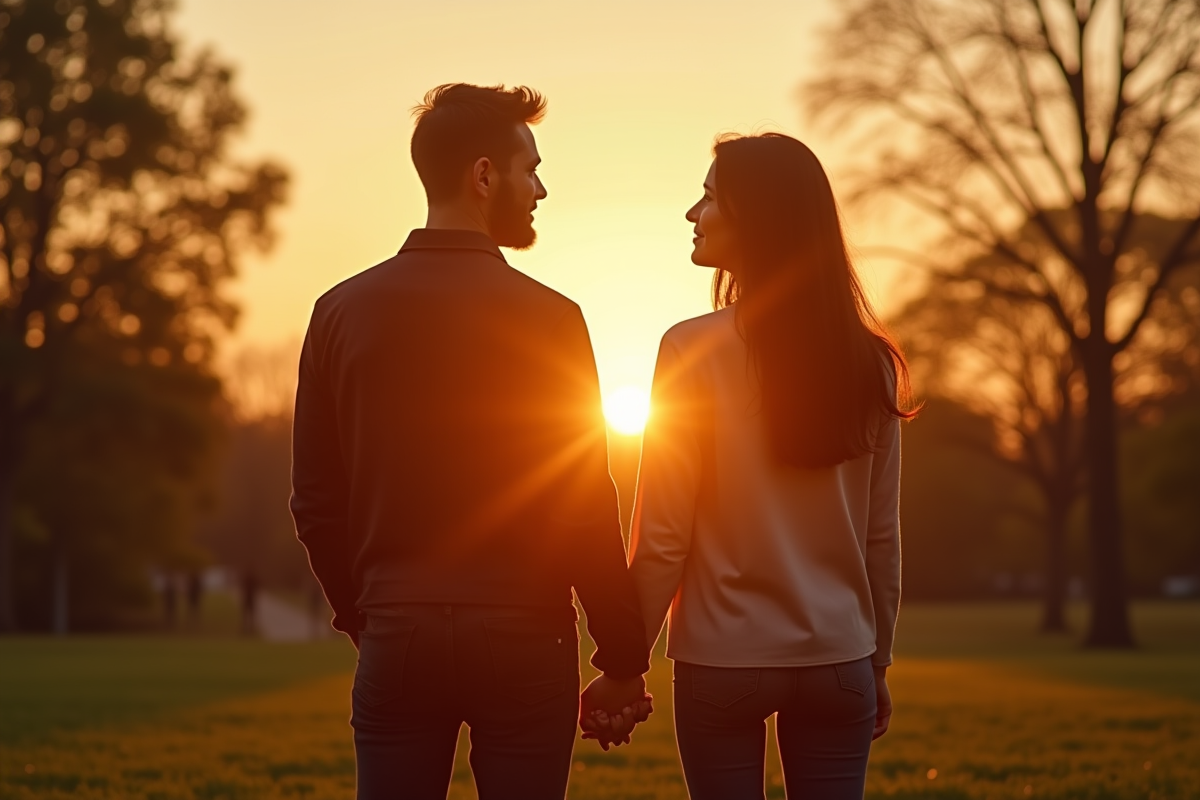 Couple regardant au loin au parc au coucher du soleil