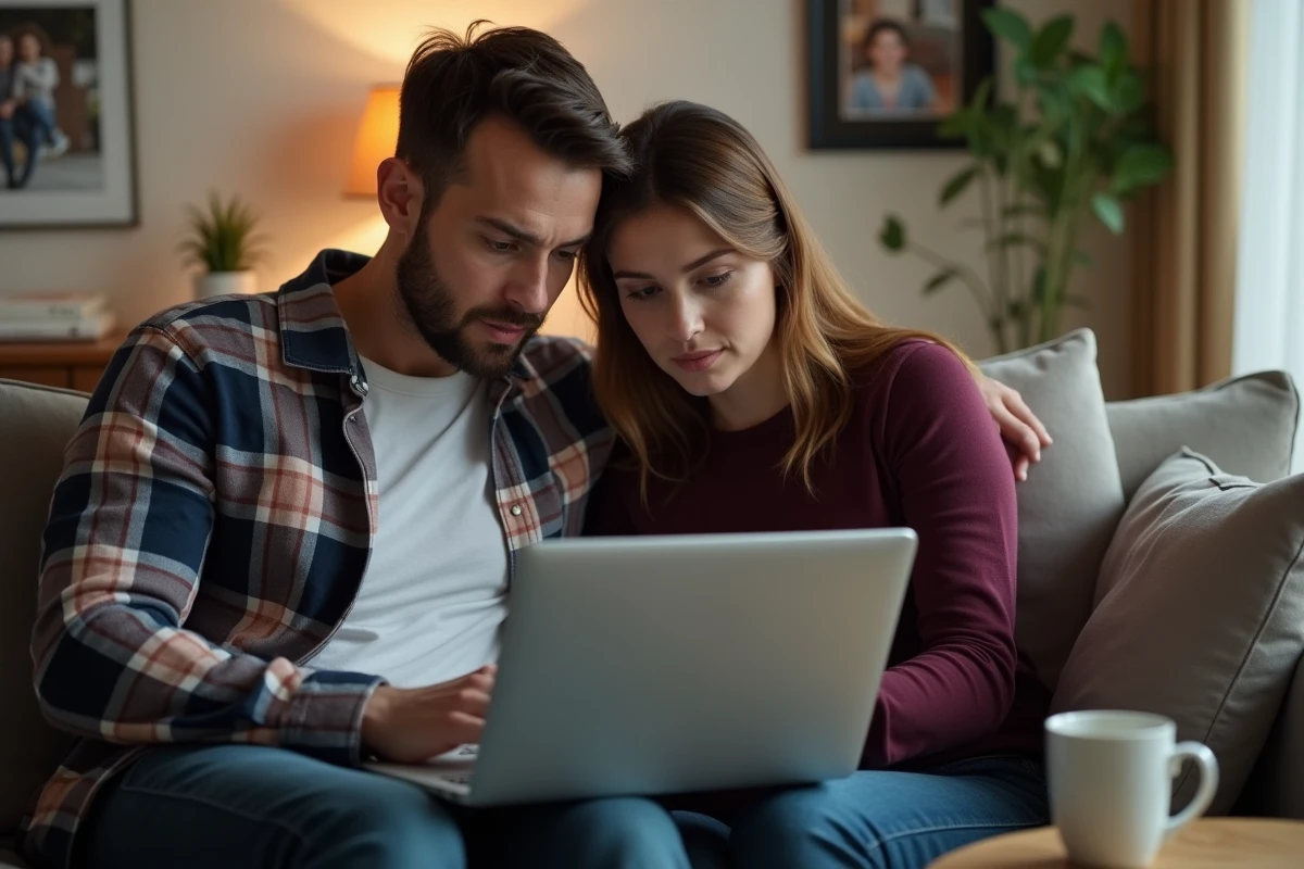 Couple de parents adoptifs consultant des documents juridiques en ligne concernant leurs droits après la fermeture d'une agence d'adoption