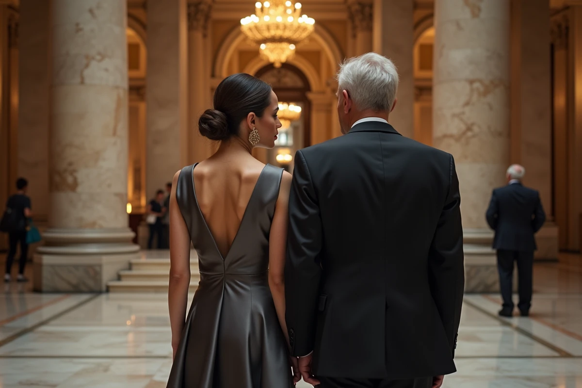 Couple lors d'une soirée culturelle parisienne dans un lieu institutionnel prestigieux, illustrant discrétion et vie mondaine